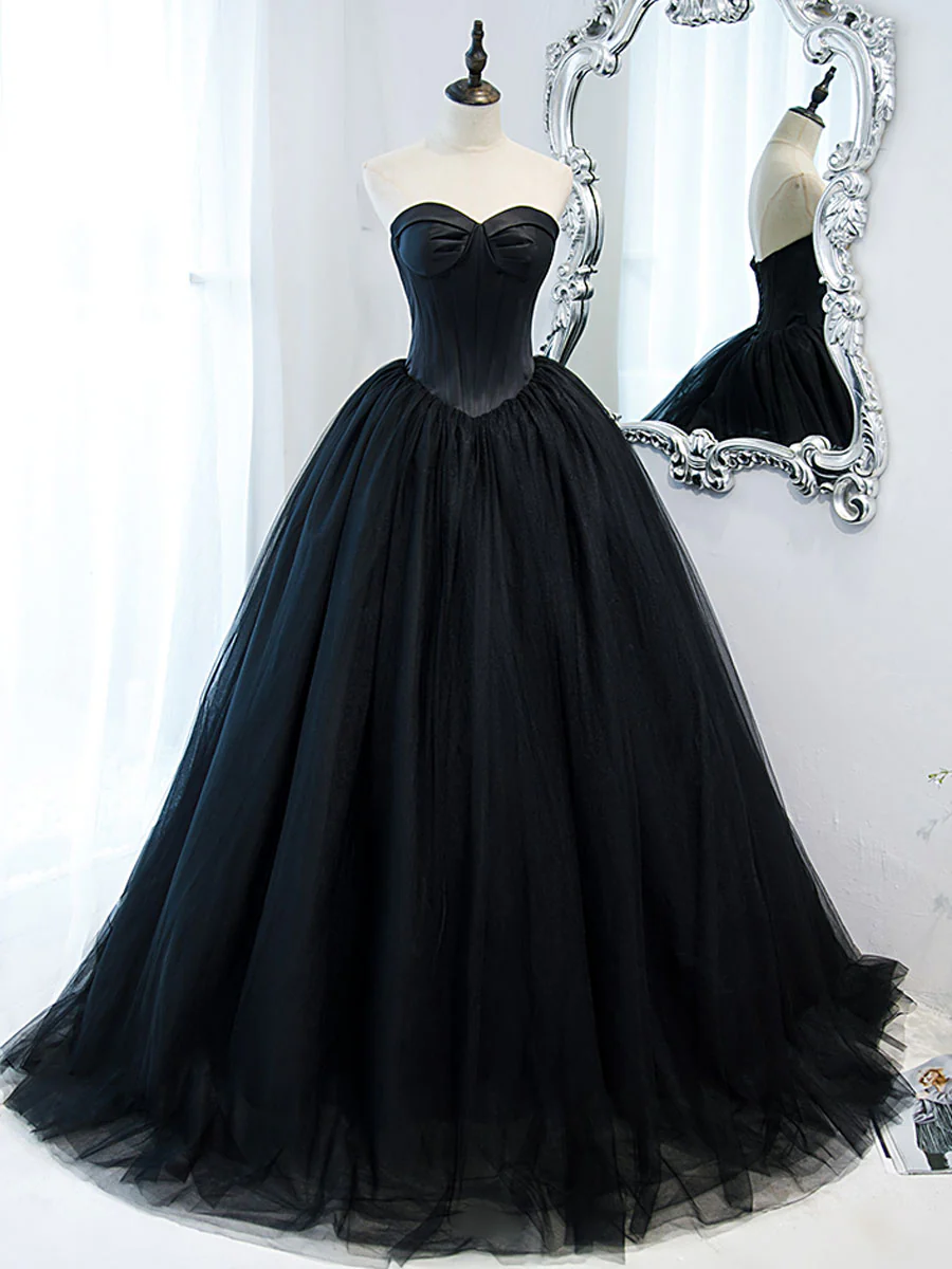 Simple Black Sweetheart Neck Tulle Long Prom Dress, Black Evening Dresses - Deanwangkt