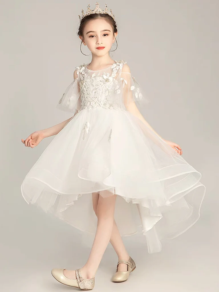 Beige Tulle Lace High Low Flower Girl Dress, Lace Girl Party Dress - Deanwangkt