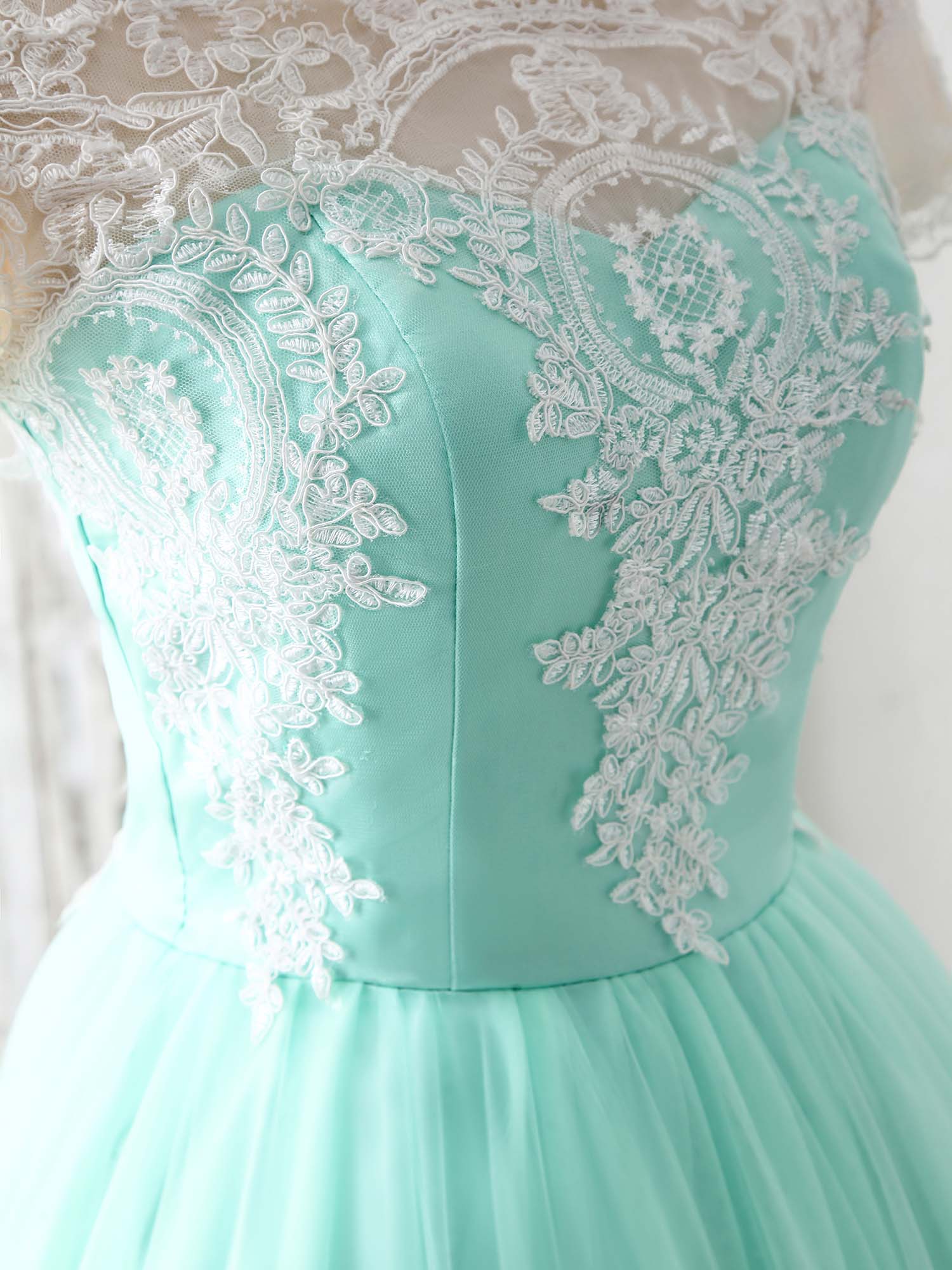Green Round Neck Lace Applique Tulle Short Prom Dresses - Deanwangkt