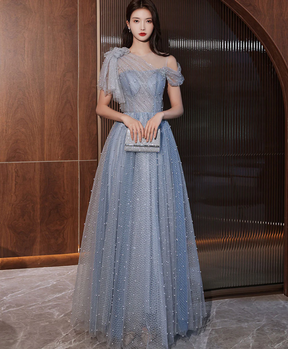 Blue One Shoulder Tulle Long Prom Dress Blue Tulle Formal Dress - Deanwangkt