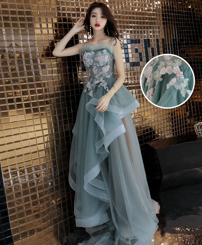 Green Tulle Lace Long Prom Dress, Green Tulle Lace Evening Dress - Deanwangkt
