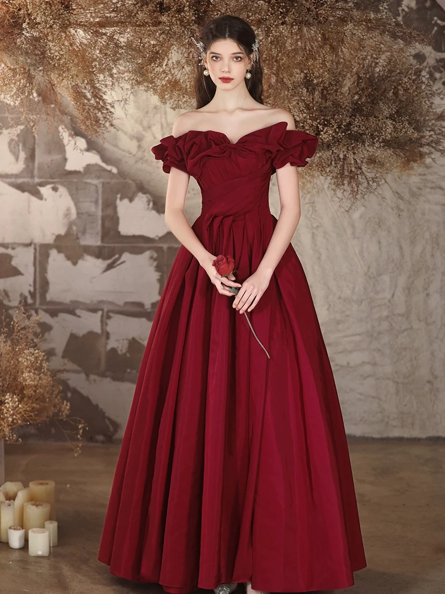 A-Line Off Shoulder Satin Burgundy Long Prom Dress, Burgundy Long Formal Dress - Deanwangkt