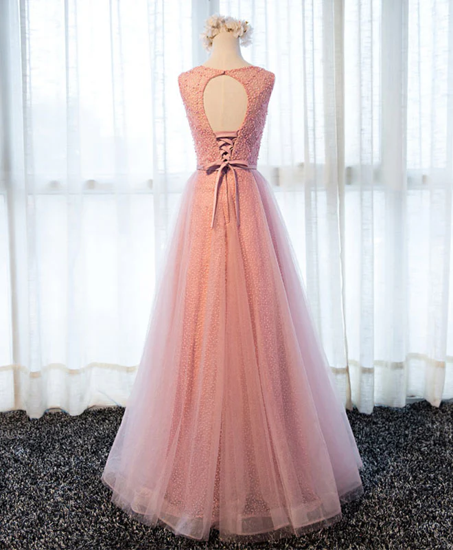 A Line Round Neck Tulle Long Prom Dress, Lace Evening Dress - Deanwangkt