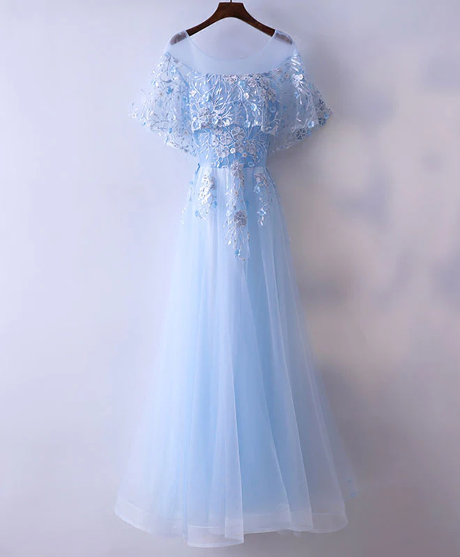 Light Blue Tulle Lace Long Prom Dress, Blue Lace Graduation Dress - Deanwangkt