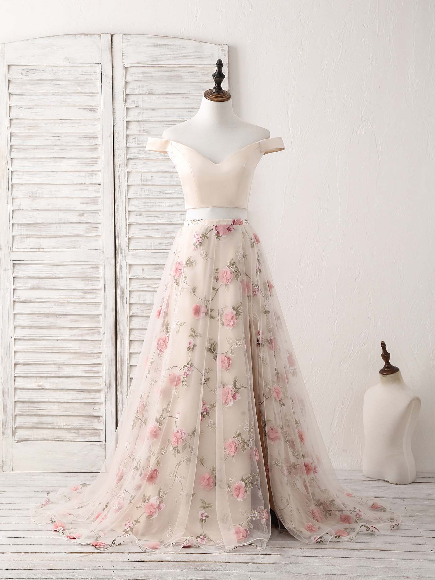 Unique Champagne Two Pieces Long Prom Dress, Champagne Evening Dress - Deanwangkt