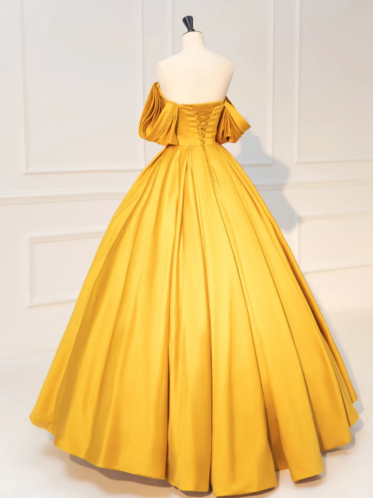 A-Line Off Shoulder Yellow Long Prom Dress, Yellow Satin Long Evening Dress - Deanwangkt