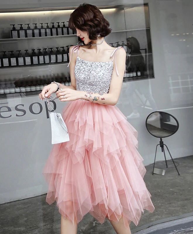 Pink Tulle Sequin Short Prom Dress, Pink Tulle Homecoming Dress - Deanwangkt