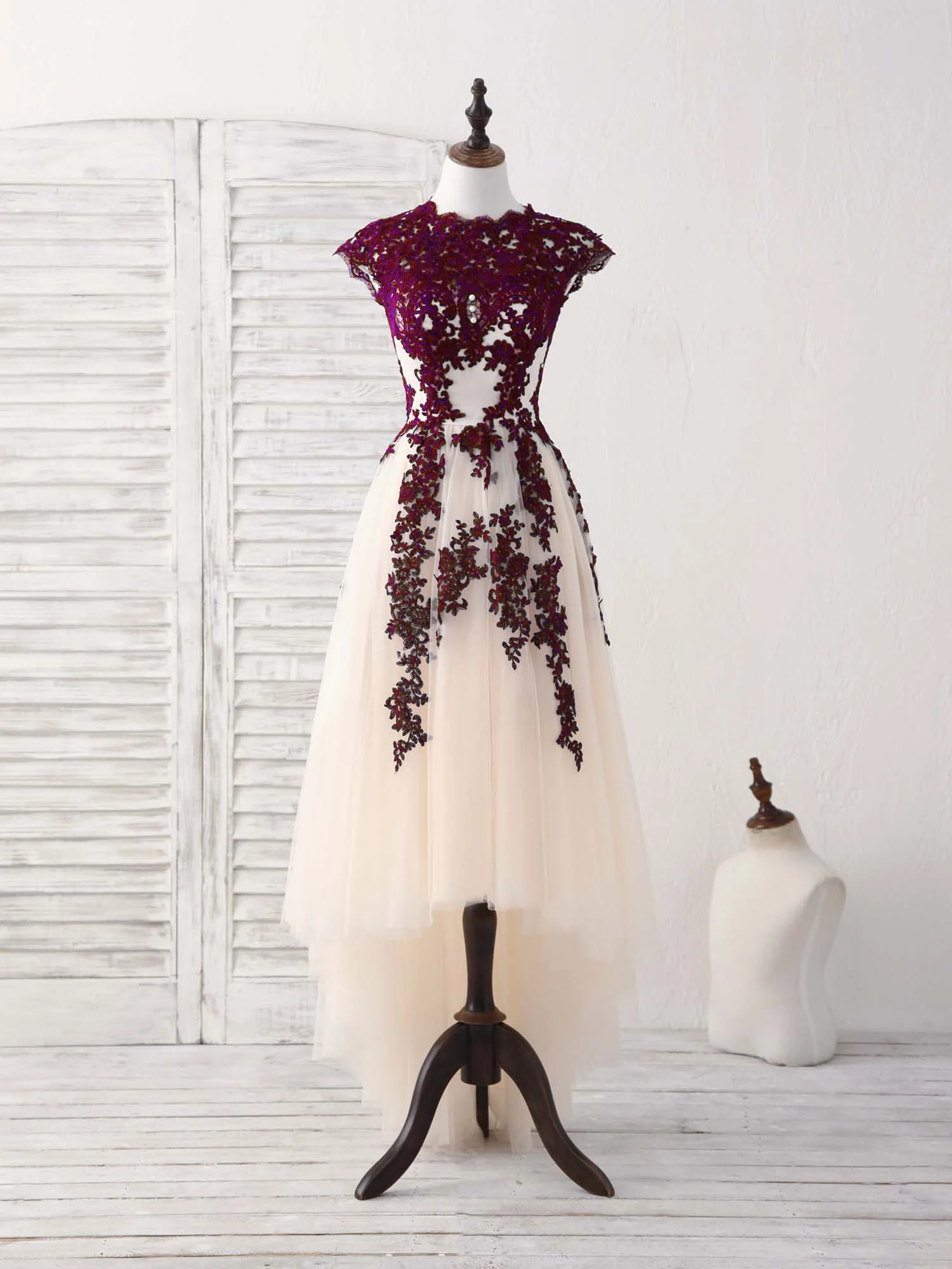 Burgundy Lace Tulle High Low Prom Dress Burgundy Bridesmaid Dress - Deanwangkt