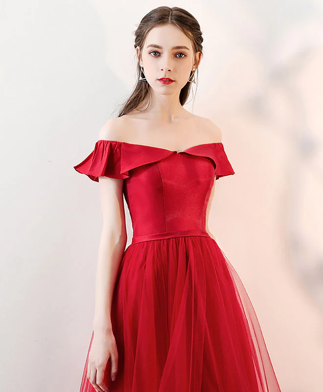 Simple Burgundy Tulle Long Prom Dress, Burgundy Tulle Evening Dress - Deanwangkt