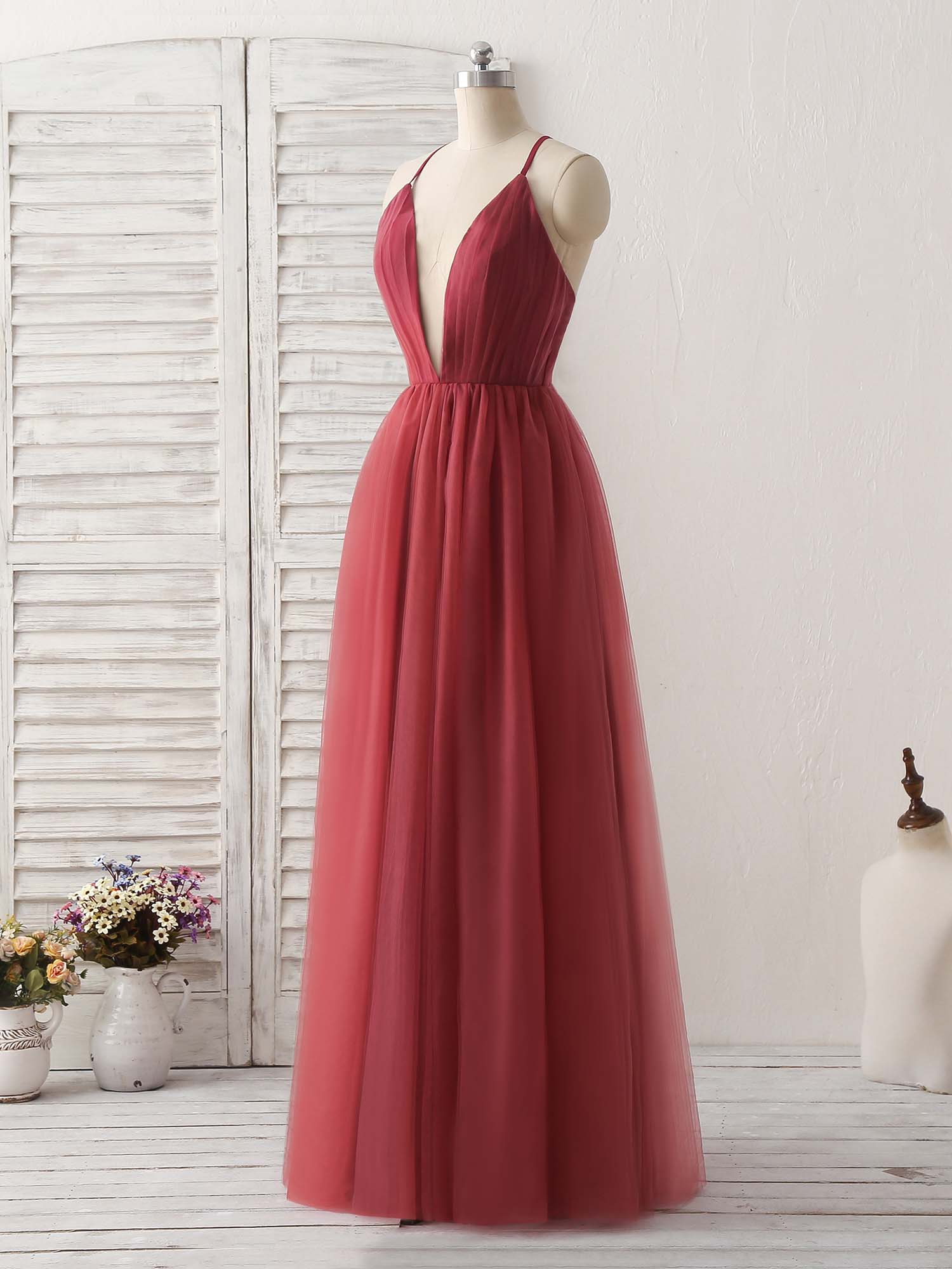 Burgundy V Neck Tulle Long Prom Dress, Burgundy Evening Dress - Deanwangkt