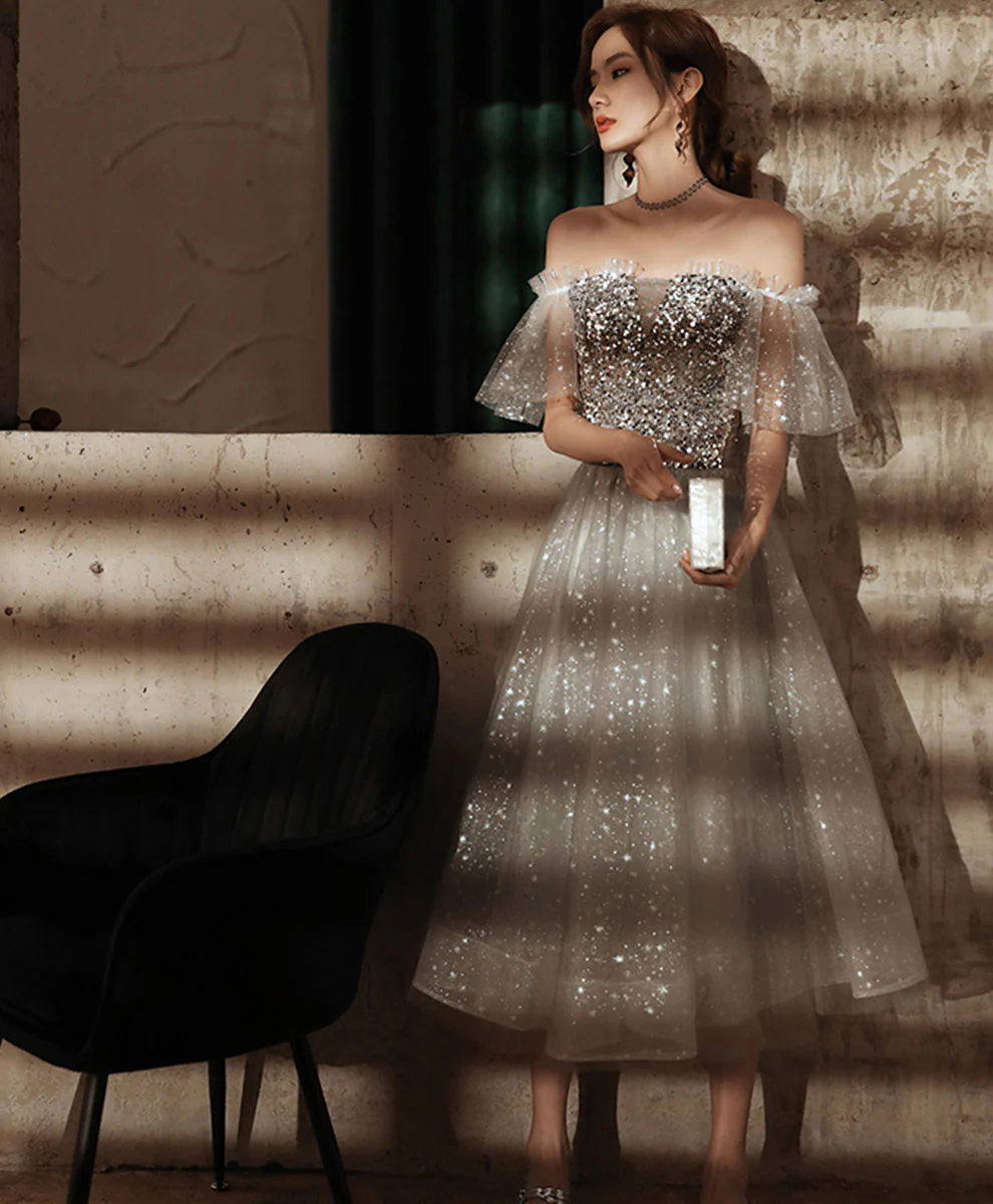 Gray Tulle Sequin Short Prom Dress Gray Homecoming Dress - Deanwangkt