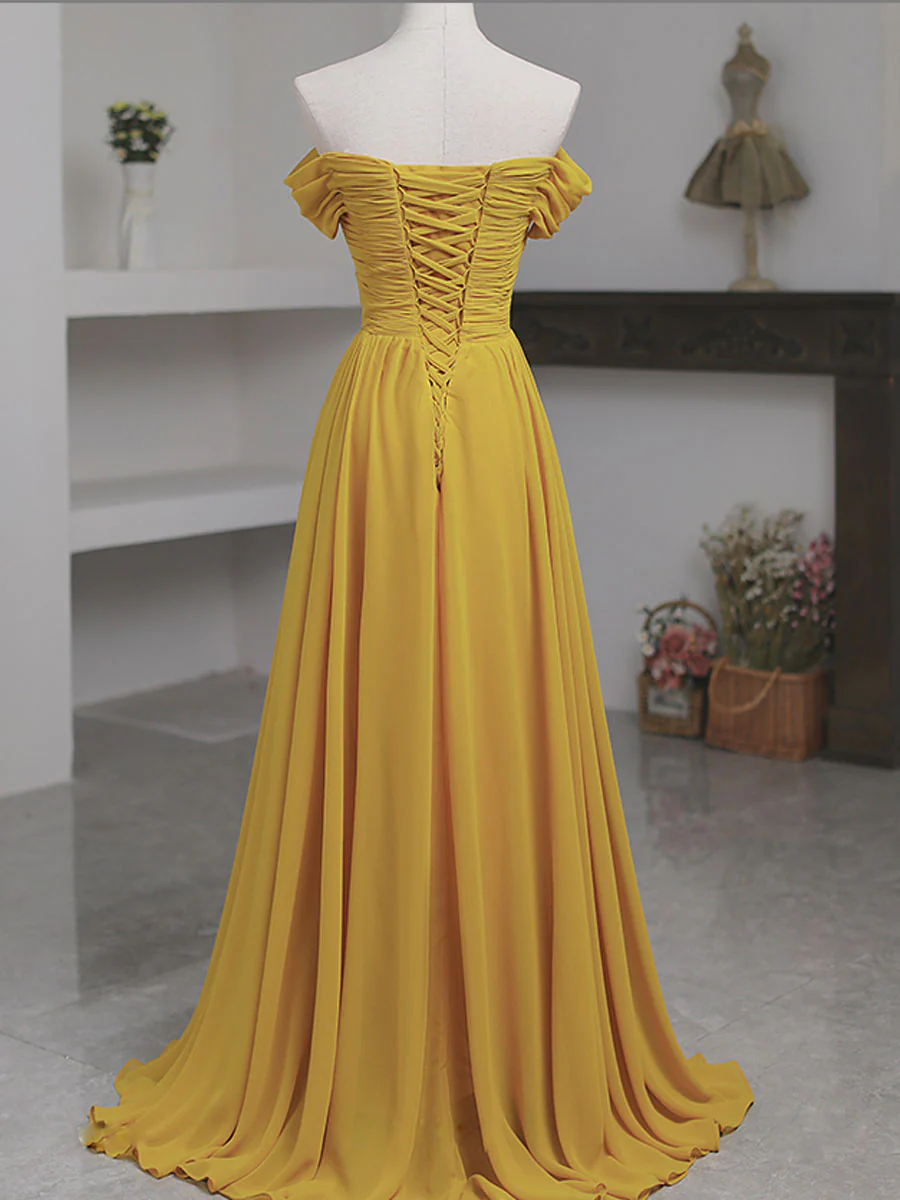Simple Yellow Off Shoulder Long Prom Dress, Yellow Chiffon Graduation Dresses - Deanwangkt