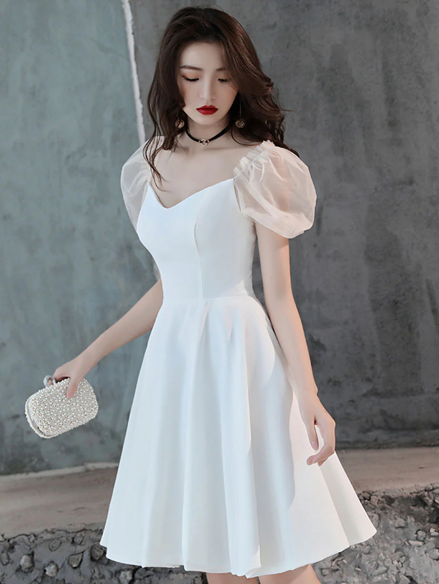 White Satin Short Prom Dress, White Homecoming Dress - Deanwangkt