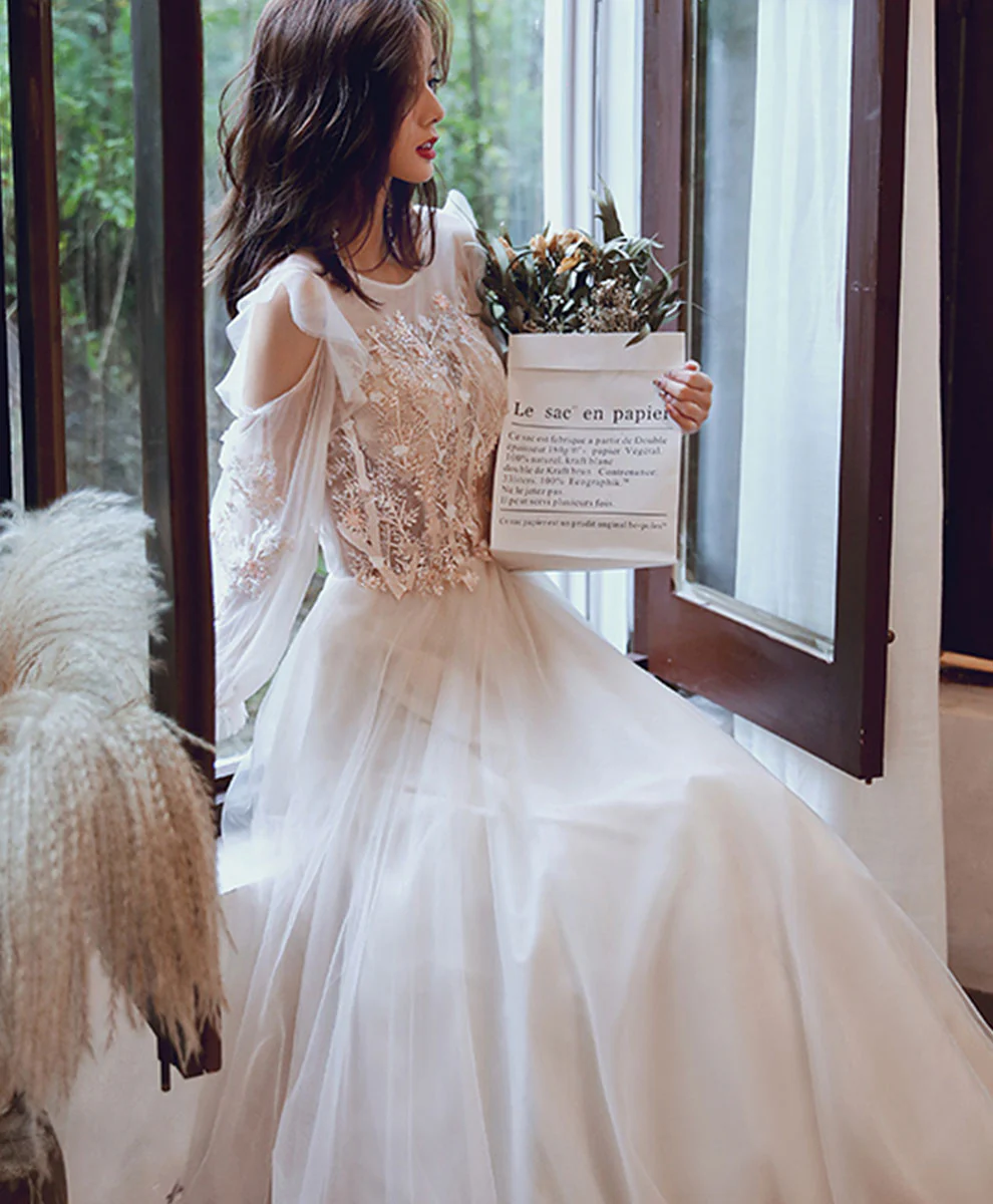 Light Champagne Long Prom Dress, Formal Evening Party Dress with Lace - Deanwangkt