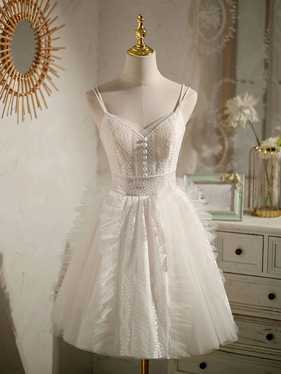 Cute Light Champagne Lace Tulle Short Prom Dress, Puffy Homecoming Dress - Deanwangkt