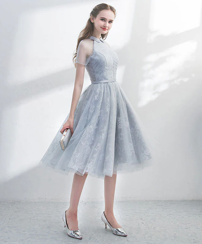 Unique Gray Tulle Lace Short Prom Dress, Gray Homecoming Dress - Deanwangkt