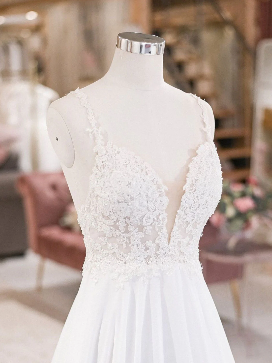 White V Neck Lace Chiffon Long Wedding Dress, Beach Wedding Dress - Deanwangkt