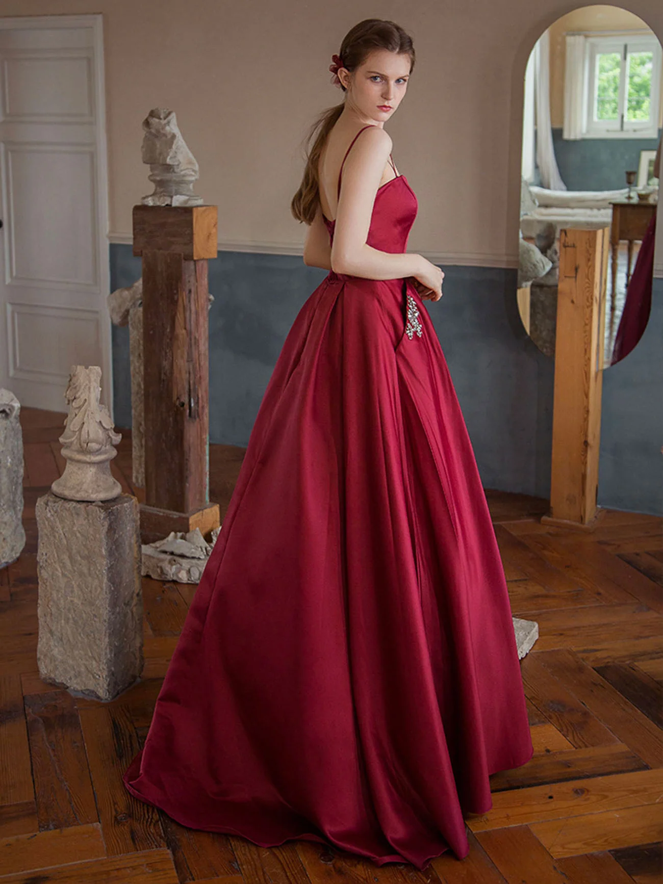 Simple Burgundy Satin Long Prom Dress, Burgundy Formal Graduation Dresses - Deanwangkt
