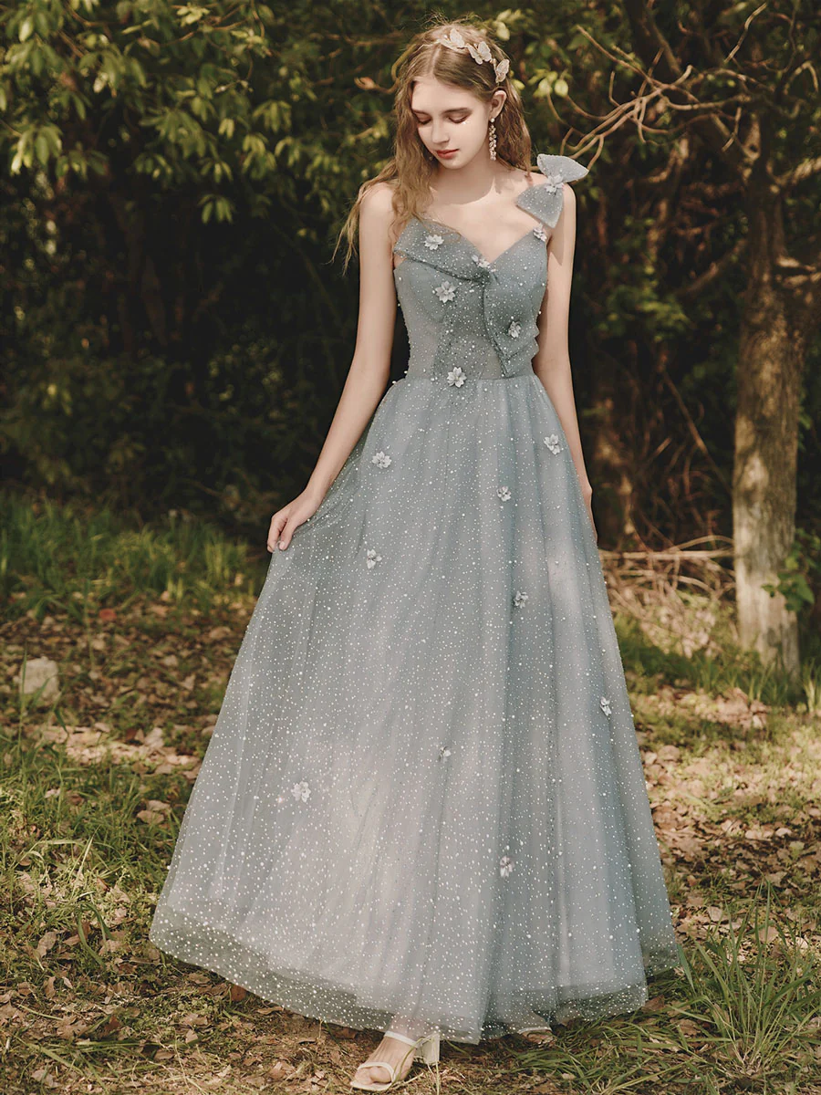 Gray Tulle Sequin Tea Length Prom Dress, Gray Evening Dress - Deanwangkt