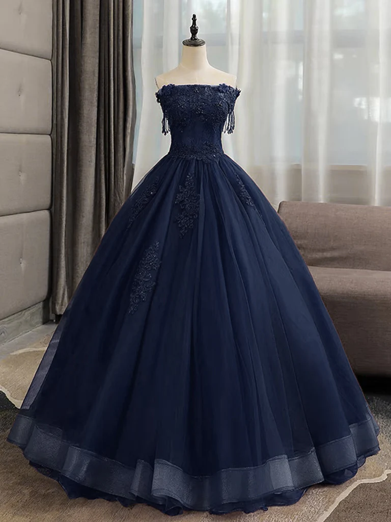 A-Line Tulle Lace Dark Blue Long Prom Dress, Dark Blue Long Sweet 16 Dress - Deanwangkt