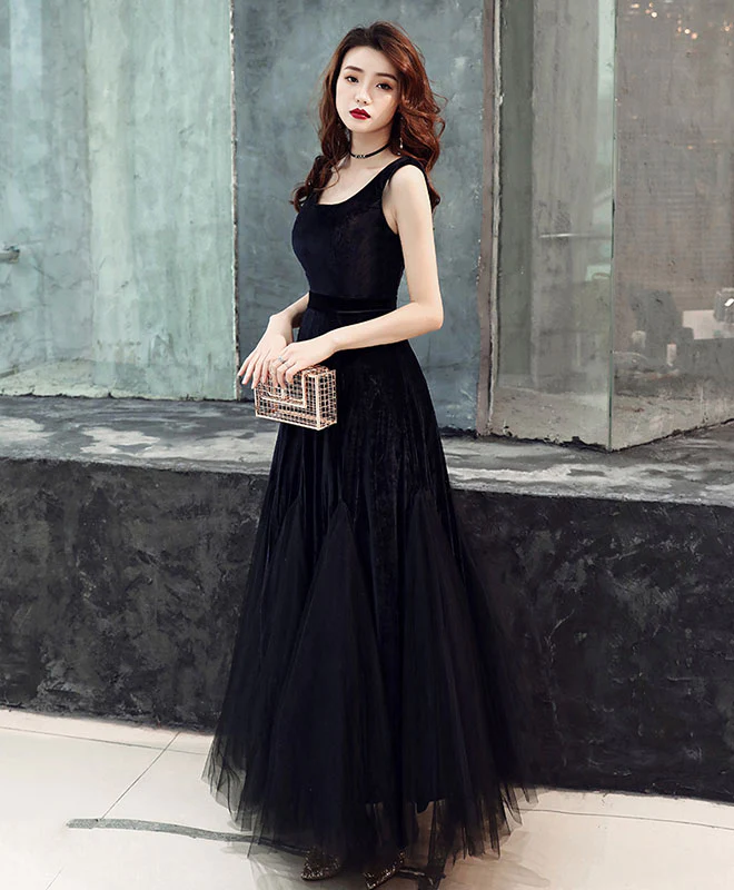 Simple Black Tulle Prom Dress, Black Velvet Tulle Formal Dress - Deanwangkt