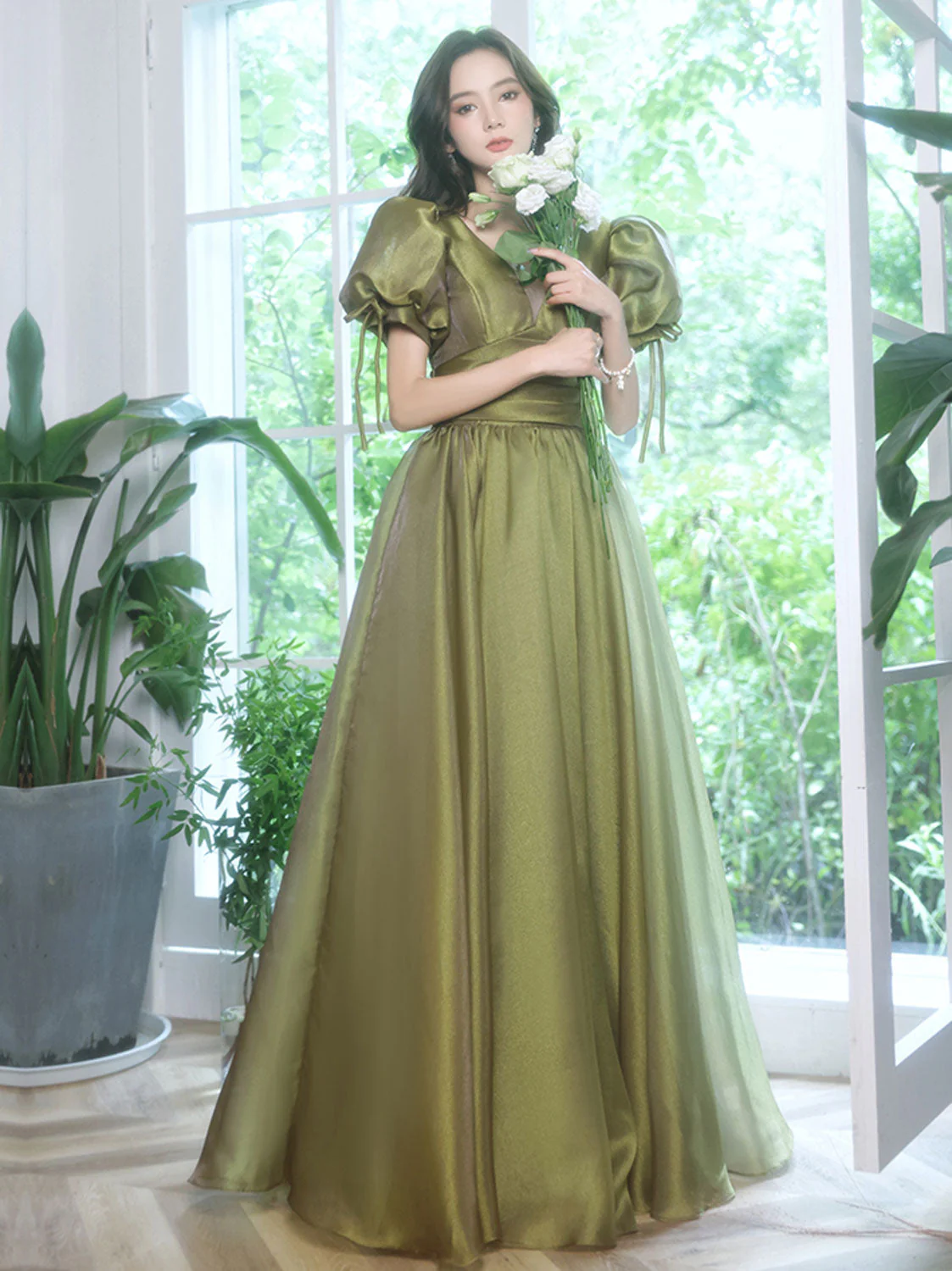 Simple Green V Neck Tulle Long Prom Dress, Green Evening Dresses - Deanwangkt