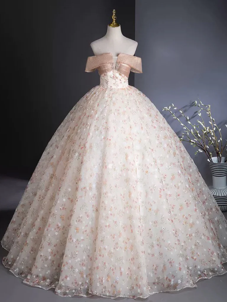 A-Line Off Shoulder Tulle Lace Champagne Long Prom Dress - Deanwangkt