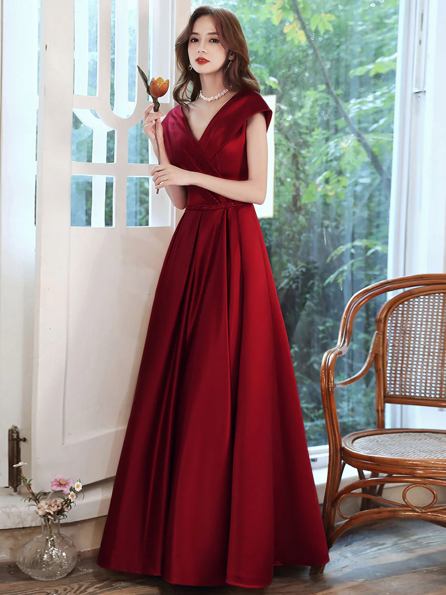 Simple V Neck Burgundy Long Prom Dress, Burgundy A-line Formal Dresses - Deanwangkt