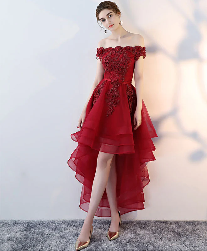 Burgundy Tulle Lace Off Shoulder Prom Dress Tulle Homecoming Dress - Deanwangkt
