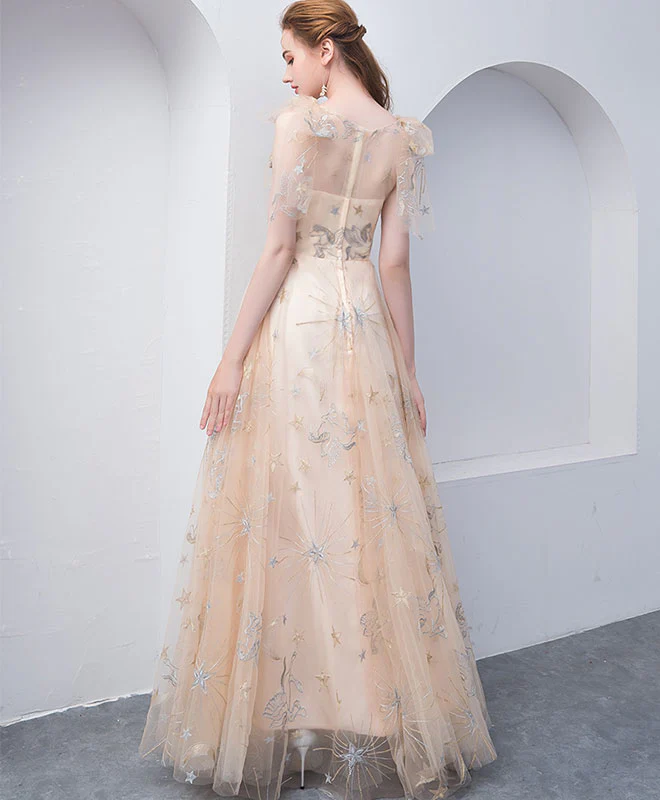 Champagne Tulle V Neck Long Prom Dress, Champagne Tulle Evening Dress - Deanwangkt