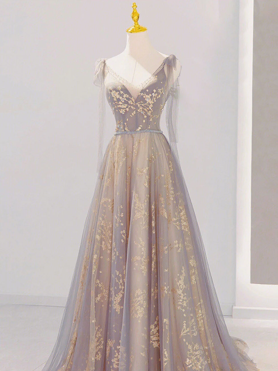 A-Line V Neck Gray Long Prom Dress, Tulle Sequin Lace Long Forma Dresses - Deanwangkt