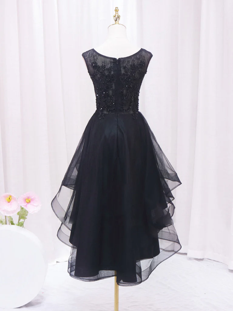 A-Line Lace Tulle Black Short Prom Dress, High Low Black Homecoming Dress - Deanwangkt
