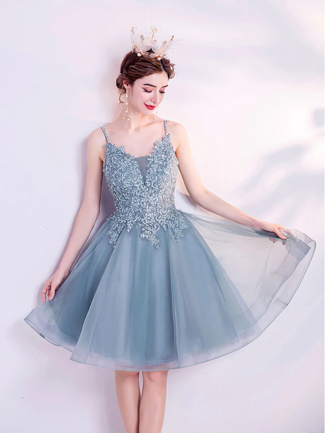 Gray V Neck Tulle Lace Blue Short Prom Dress Puffy Blue Homecoming Dress - Deanwangkt