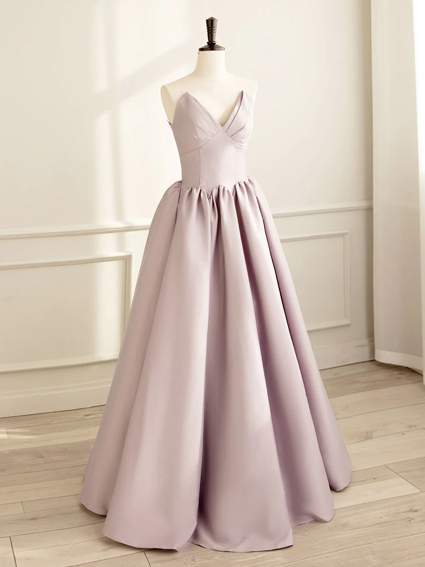 Simple V Neck Satin Pink Long Prom Dress, Satin Formal Evening Dress - Deanwangkt