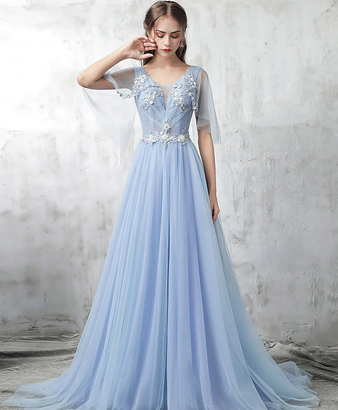 Blue V Neck Tulle Lace Applique Long Prom Dress, Blue Evening Dress - Deanwangkt