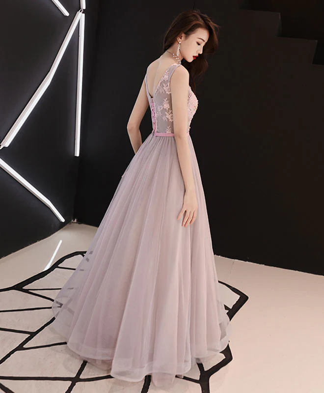 Dusty Pink V Neck Sequins Long Prom Dress, Evening Dress - Deanwangkt