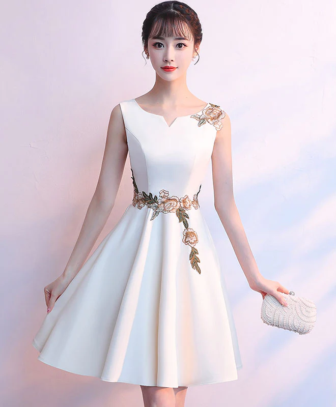 Simple Light Champagne Satin Applique Short Prom Dress, Cute Homecoming Dress - Deanwangkt