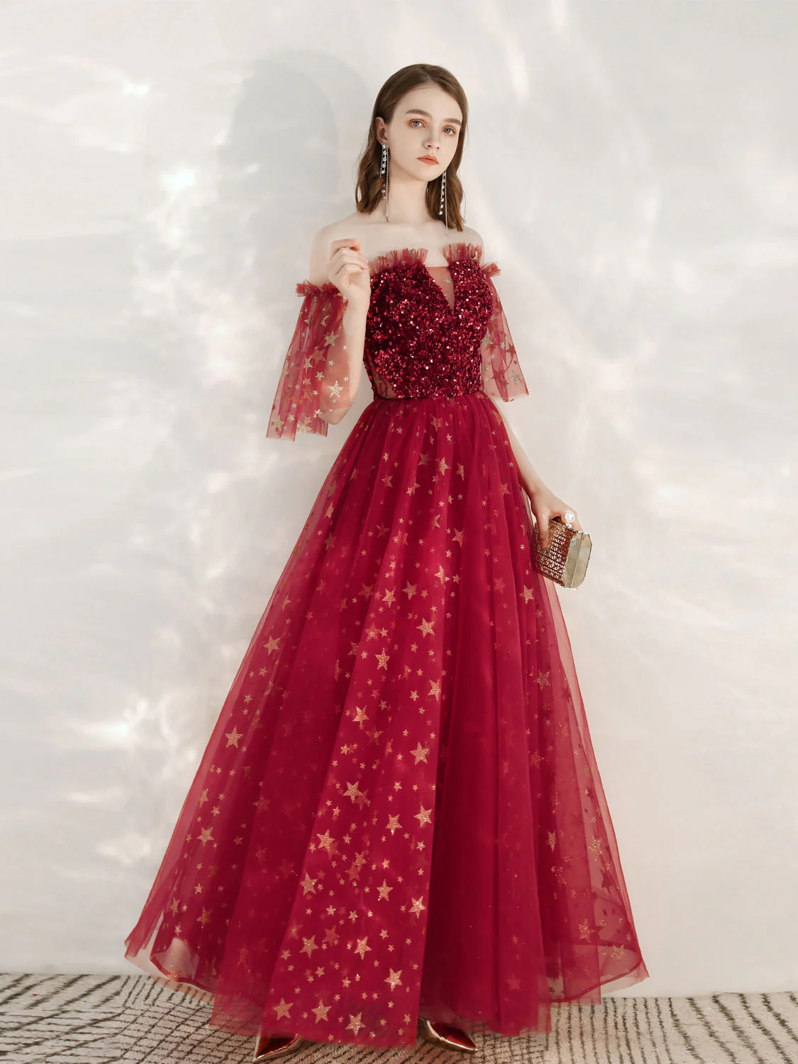 A-Line Burgundy Tulle Long Prom Dress, Burgundy Formal Evening Dresses - Deanwangkt