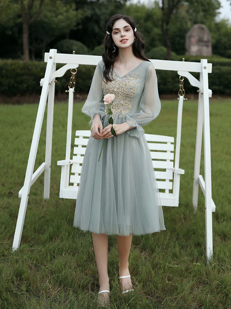 Gray Green Tulle Lace Short Prom Dresses, Gray Tulle Bridesmaid Dress - Deanwangkt