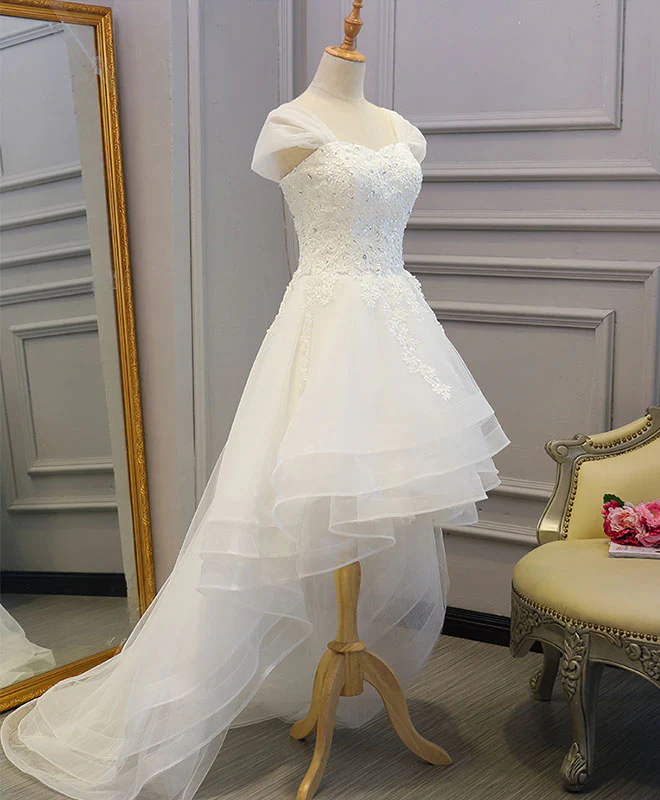 White Lace Tulle High Low Long Wedding Dress, Bridal Dress - Deanwangkt