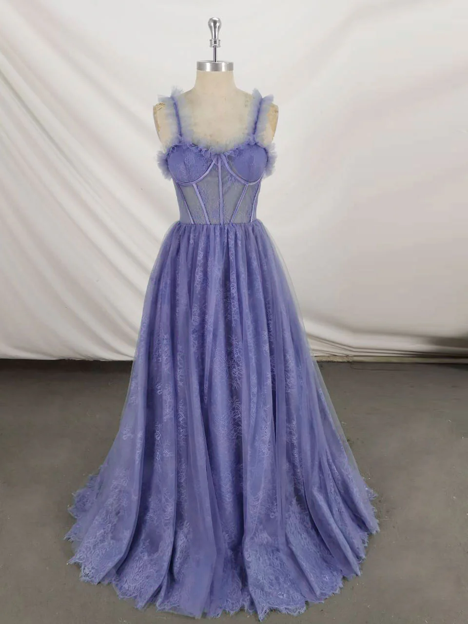 Gray Sweetheart Neck Tulle Lace Long Prom Dress Blue Formal Dress - Deanwangkt