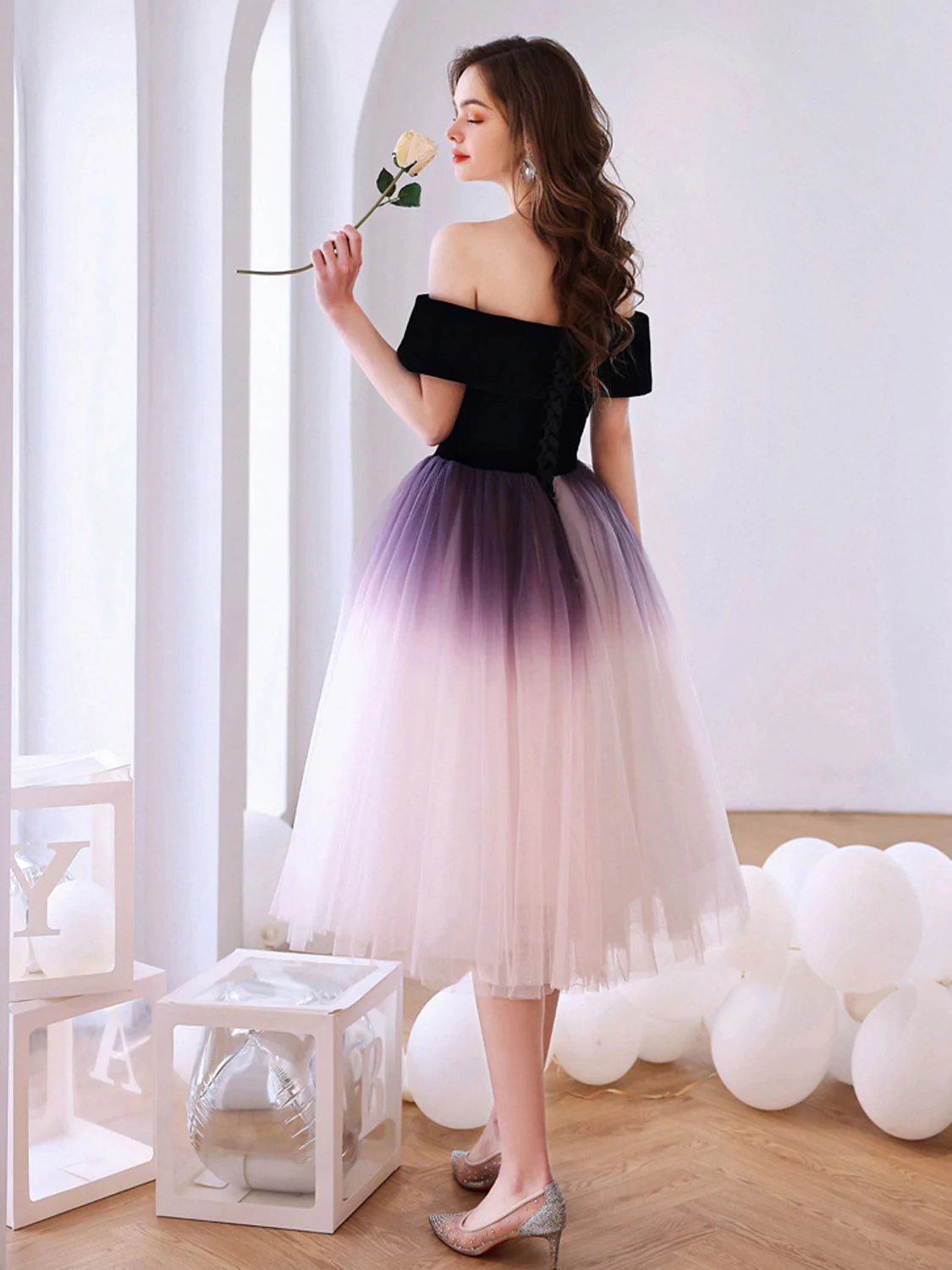 Purple Off Shoulder Tulle Short Puffy Prom Dresses, Puffy Purple Homecoming Dresses - Deanwangkt