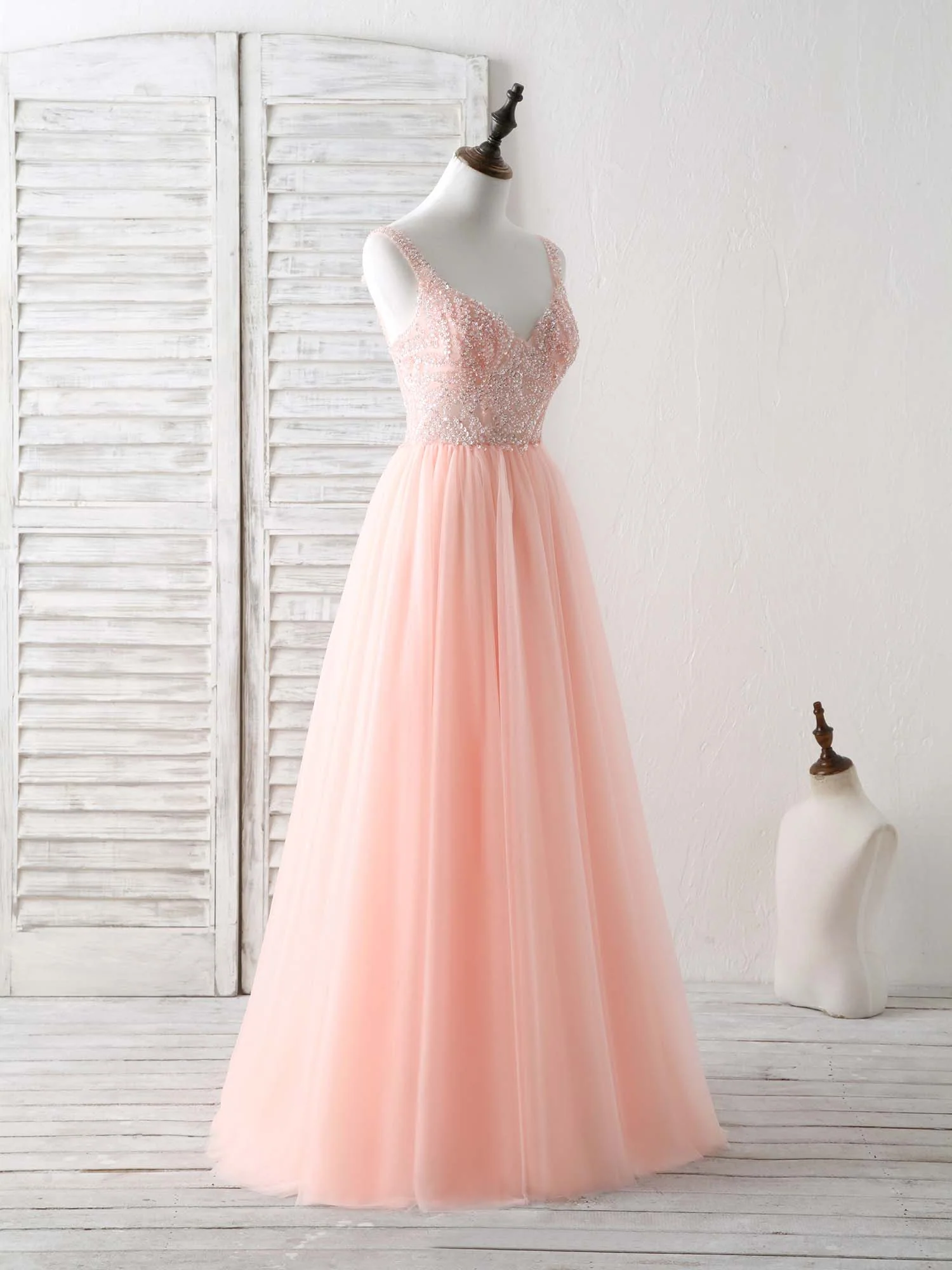 Unique Tulle Beads Long Prom Dress, Tulle Evening Dress - Deanwangkt