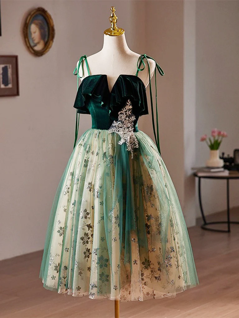 A-Line Tulle Sequin Velvet Green Short Prom Dress, Green Homecoming Dress - Deanwangkt