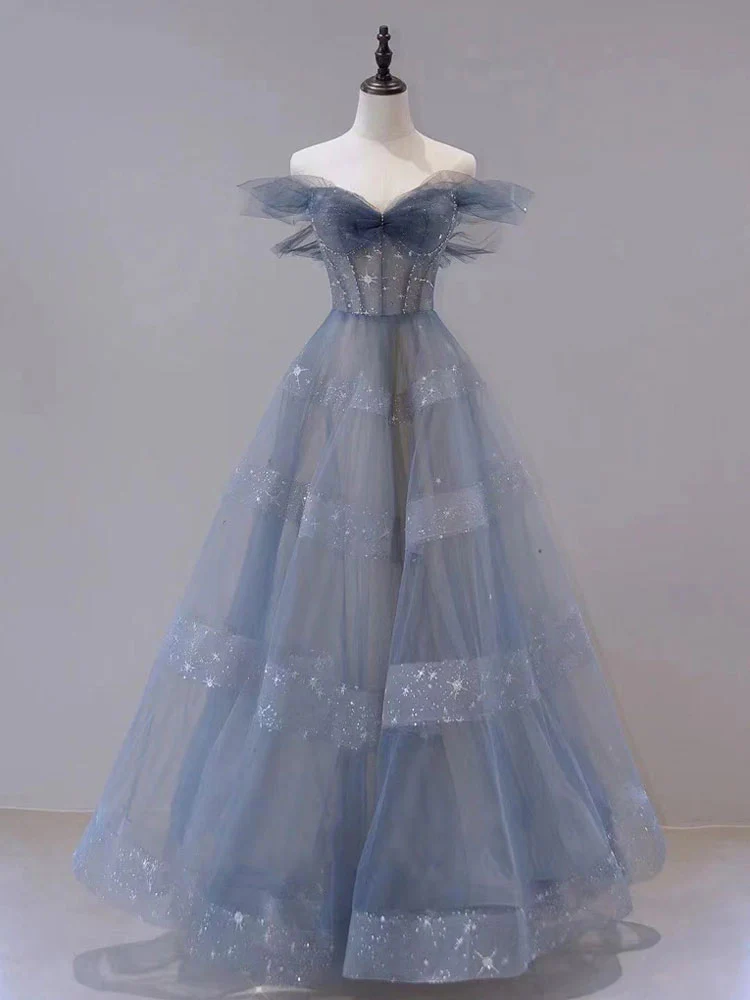 Blue Tulle Off Shoulder Long Prom dress, Blue A line Evening Dress - Deanwangkt