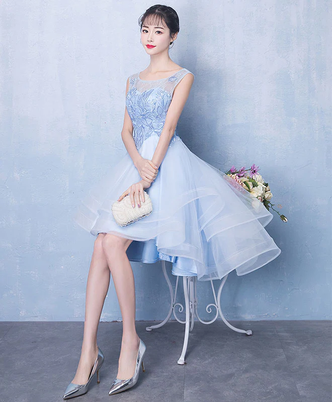 Blue Scoop Neck Tulle Short Prom Dresses, A line Blue Homecoming Dresses - Deanwangkt