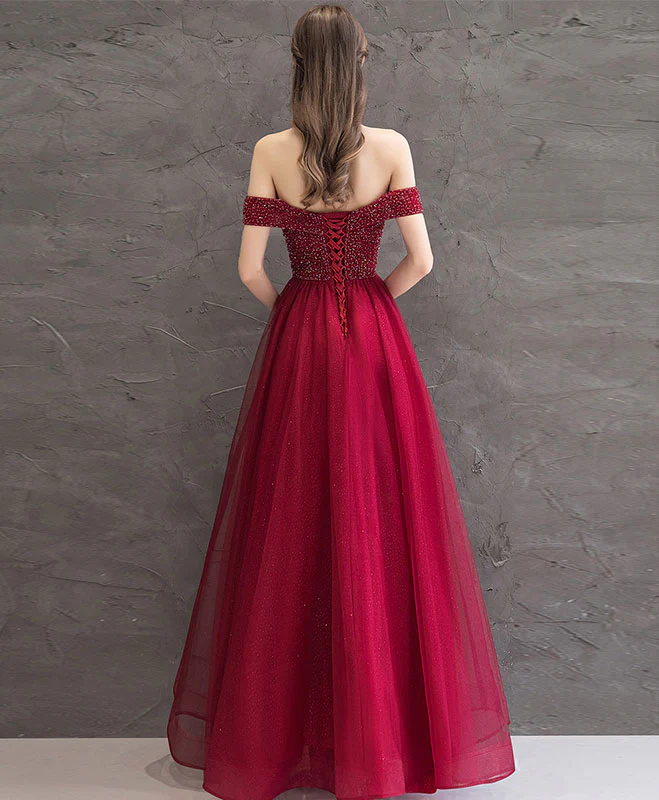 Burgundy Tulle Off Shoulder Long Prom Dress Burgundy Evening Dress - Deanwangkt