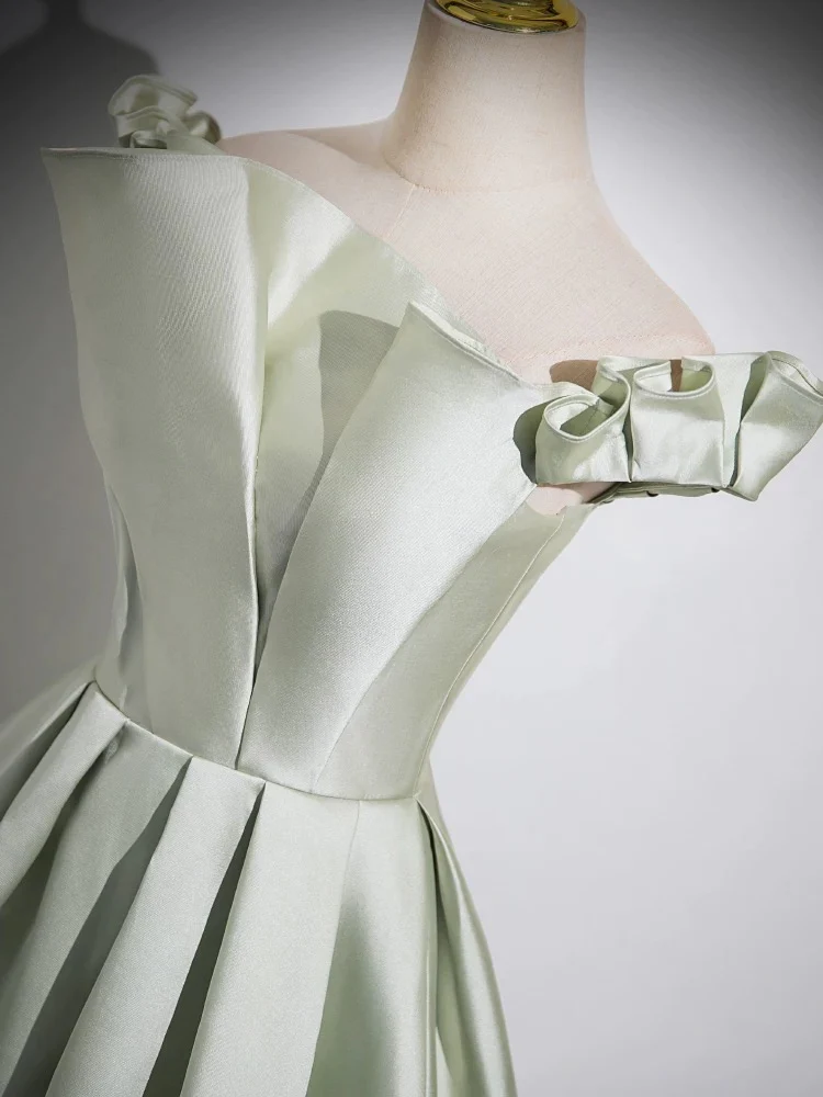 A-Line Off Shoulder Satin Light Green Long Prom Dress, Green Long Formal Dress - Deanwangkt