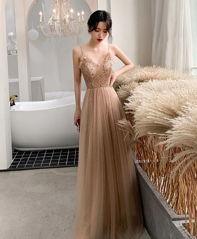 Champagne Sweetheart Tulle Beads Long Prom Dress Tulle Formal Dress - Deanwangkt