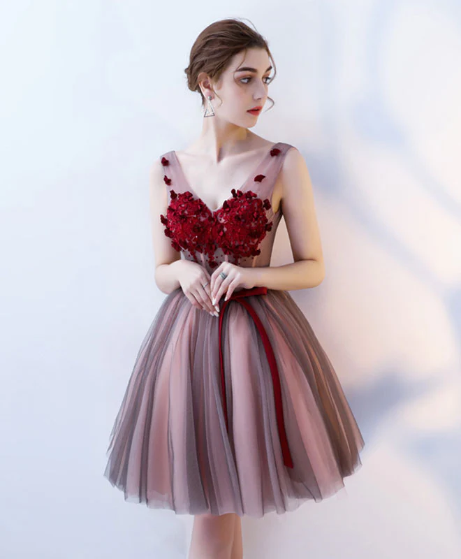 Burgundy V Neck Tulle Short Prom Dress, Tulle Evening Dress - Deanwangkt